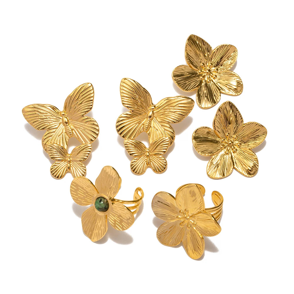 Butterfly Flower Gold Ring Earrings Set