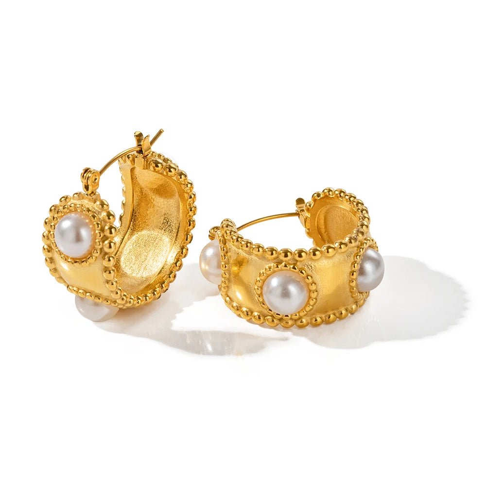 Gold Pearl C-Shape Earrings