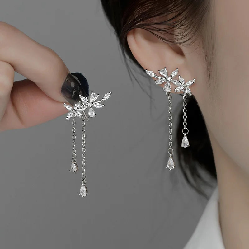 Floral Tassel Silver Earrings