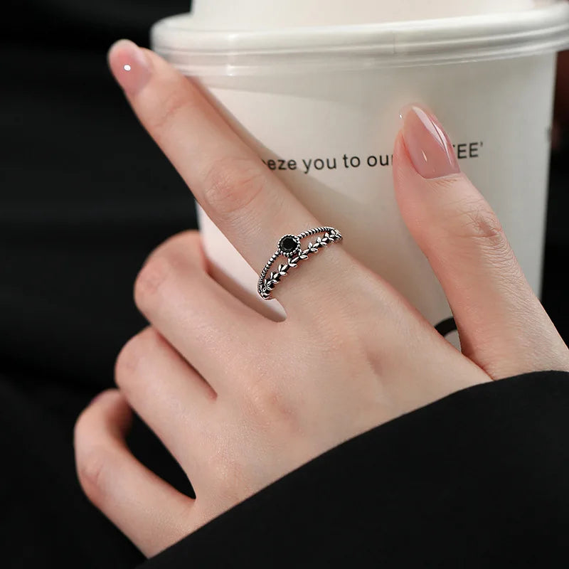 Black Zircon Leaf Ring