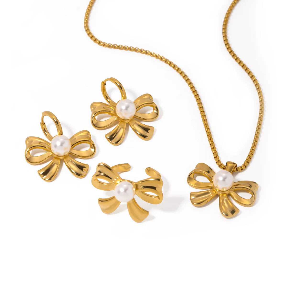 Pearl Bow Hoop Earrings & Necklace Set