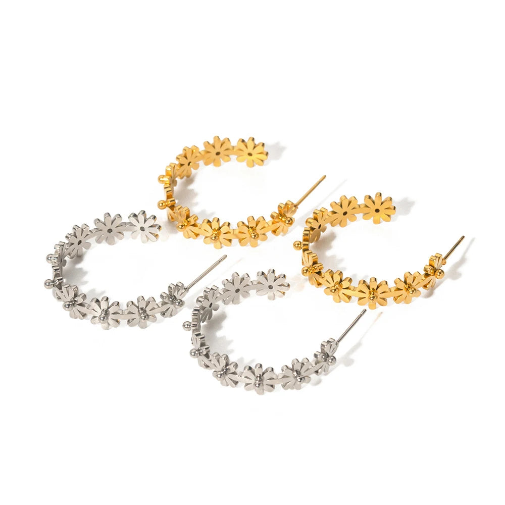 Gold C-Shape Flower Earrings