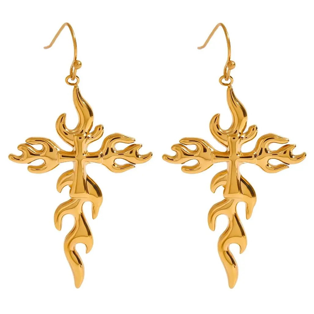 Gold Fire Cross Earrings